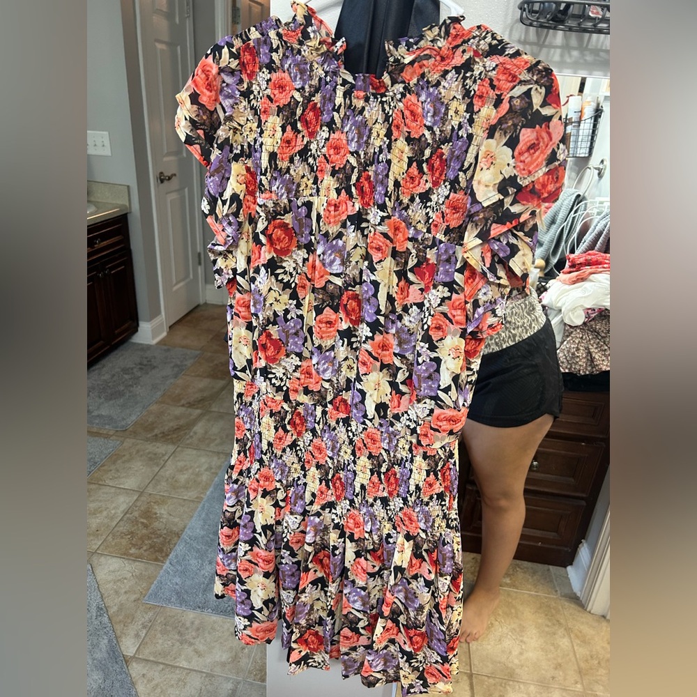 entro Floral Smocked Dress in Coral, Lavender & Black